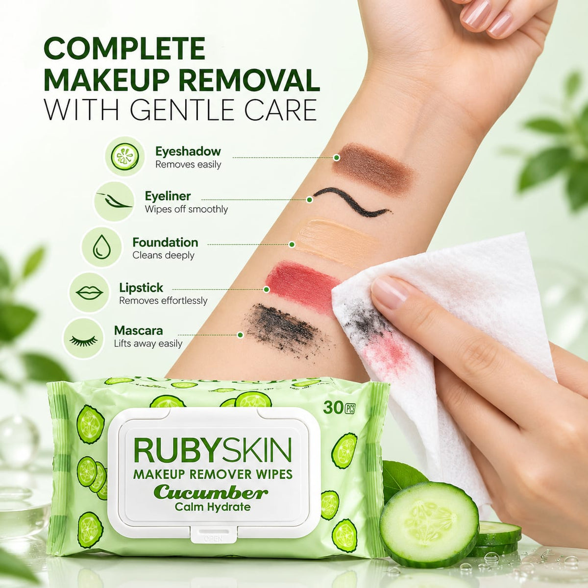 RubySkin Cucumber Makeup Remover Wipes, 30 Pieces