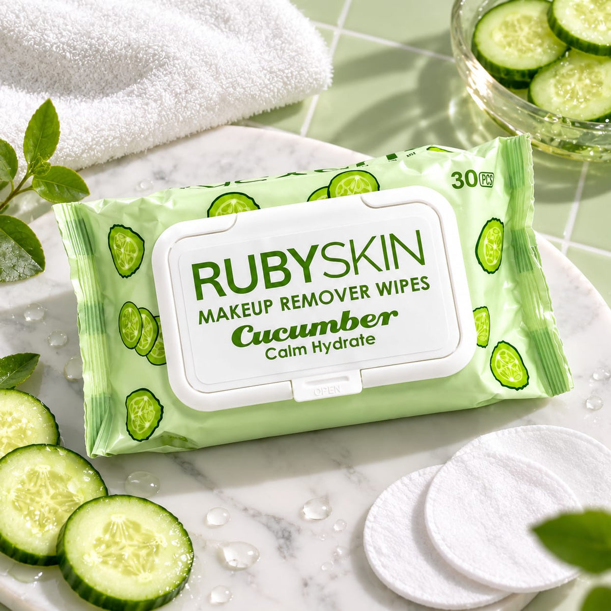 RubySkin Cucumber Makeup Remover Wipes, 30 Pieces