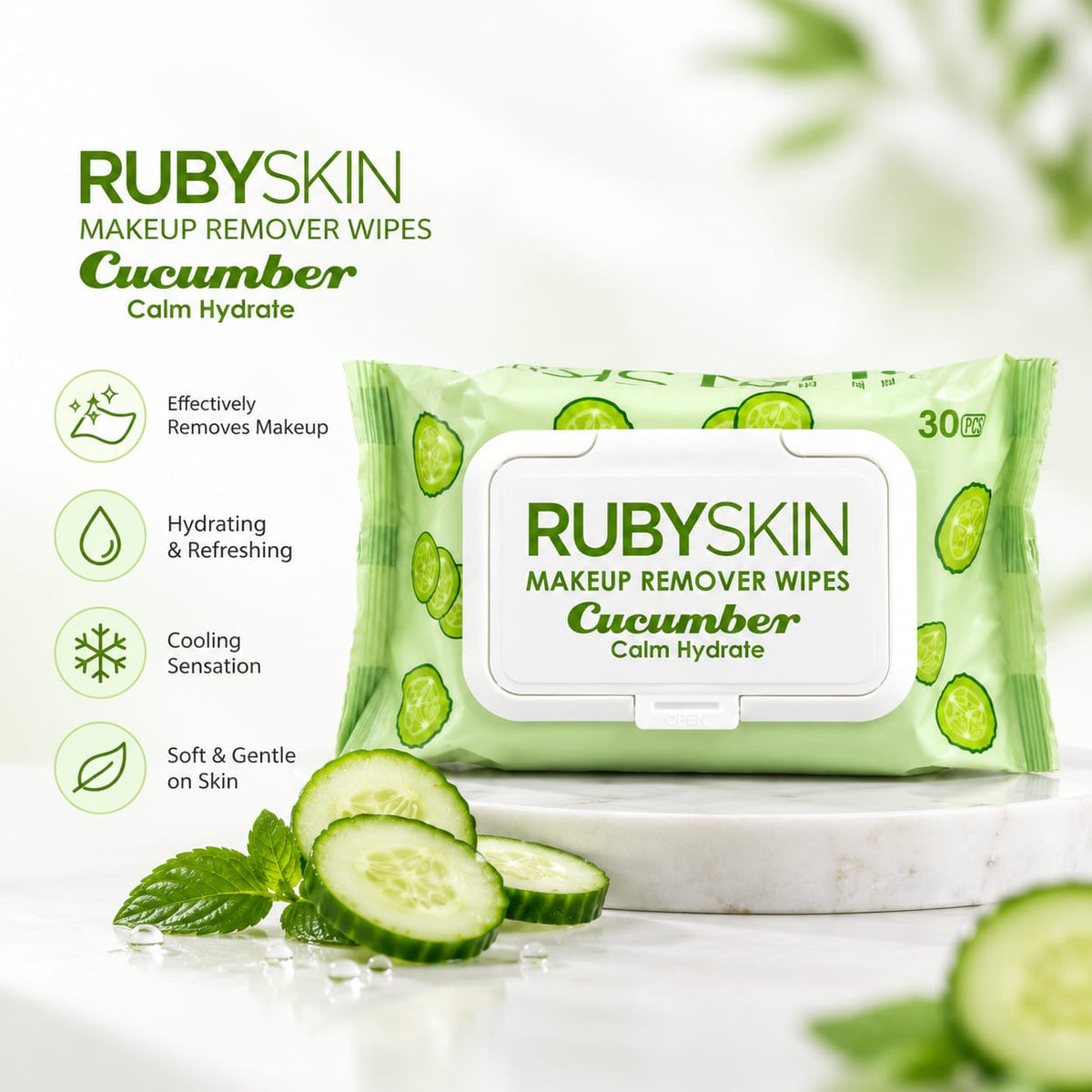 RubySkin Cucumber Makeup Remover Wipes, 30 Pieces